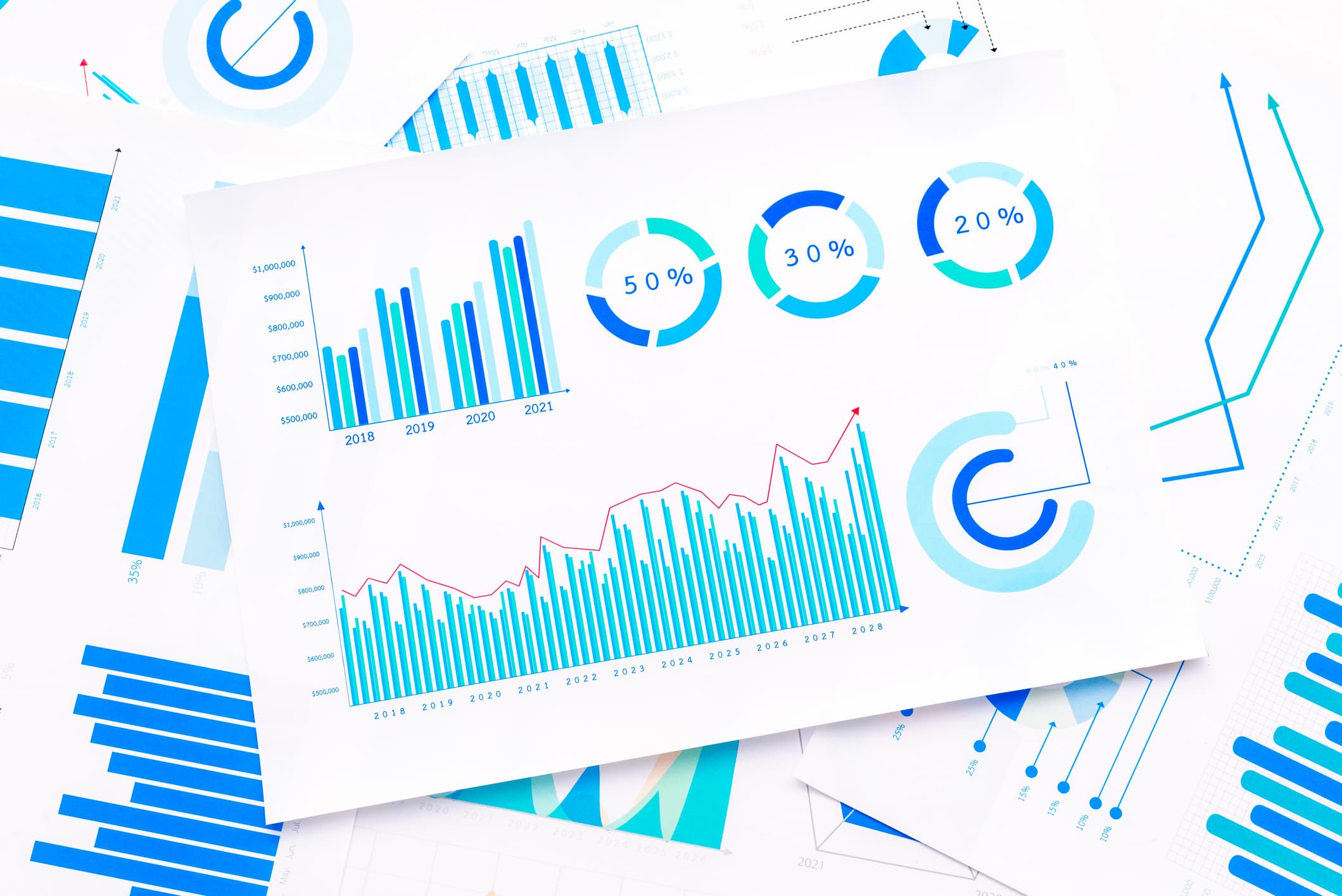 A collection of colorful charts and graphs, including bar charts, pie charts and line graphs, representing financial or statistical data analysis.
