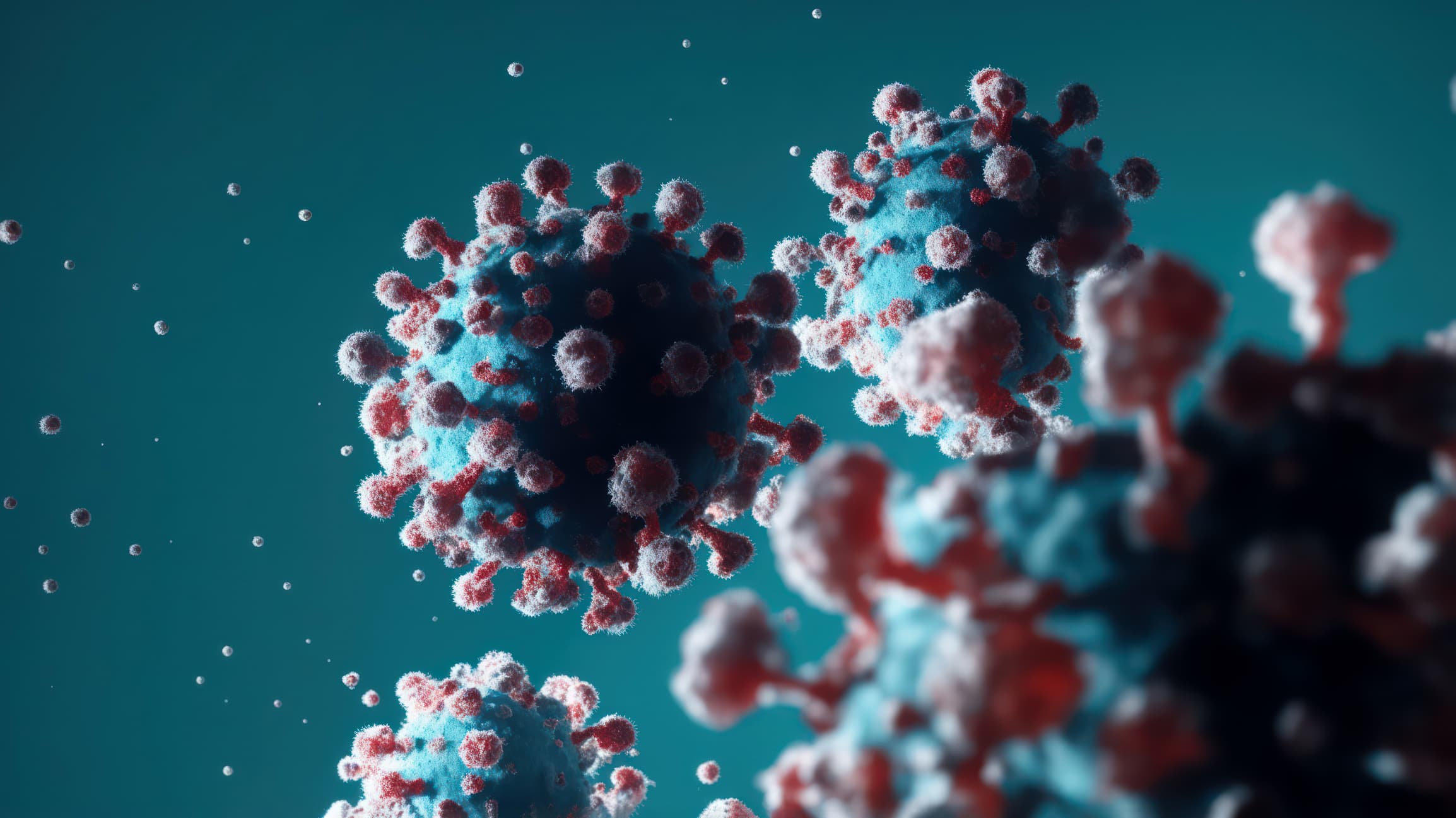 3D rendering of the coronavirus (COVID-19) structure, showing spherical viral particles with spike proteins against a teal background, symbolizing the pandemic.