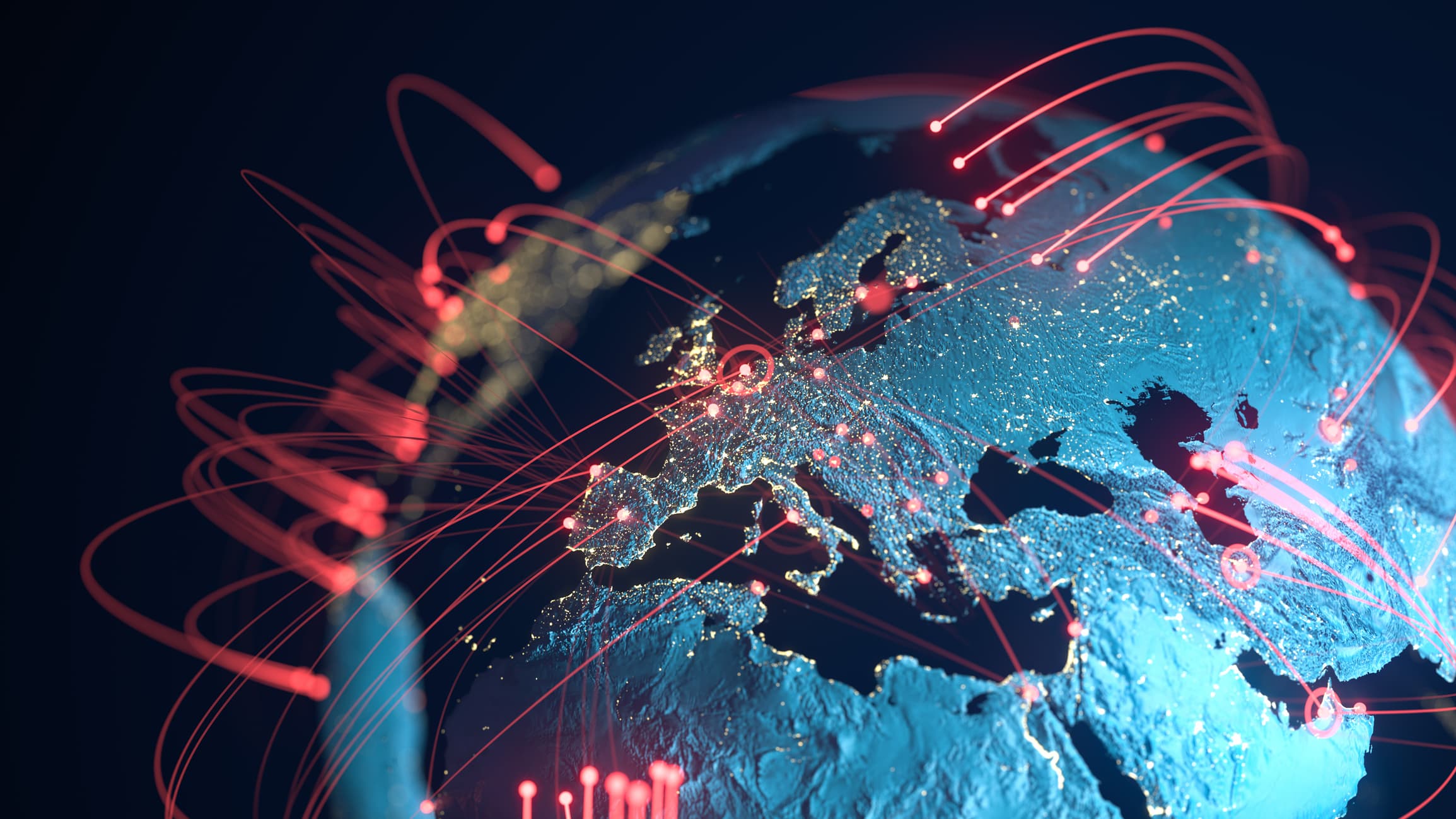Digital rendering of the Earth with glowing red connection lines and data points, symbolizing global connectivity, pandemic spread and international communication networks.